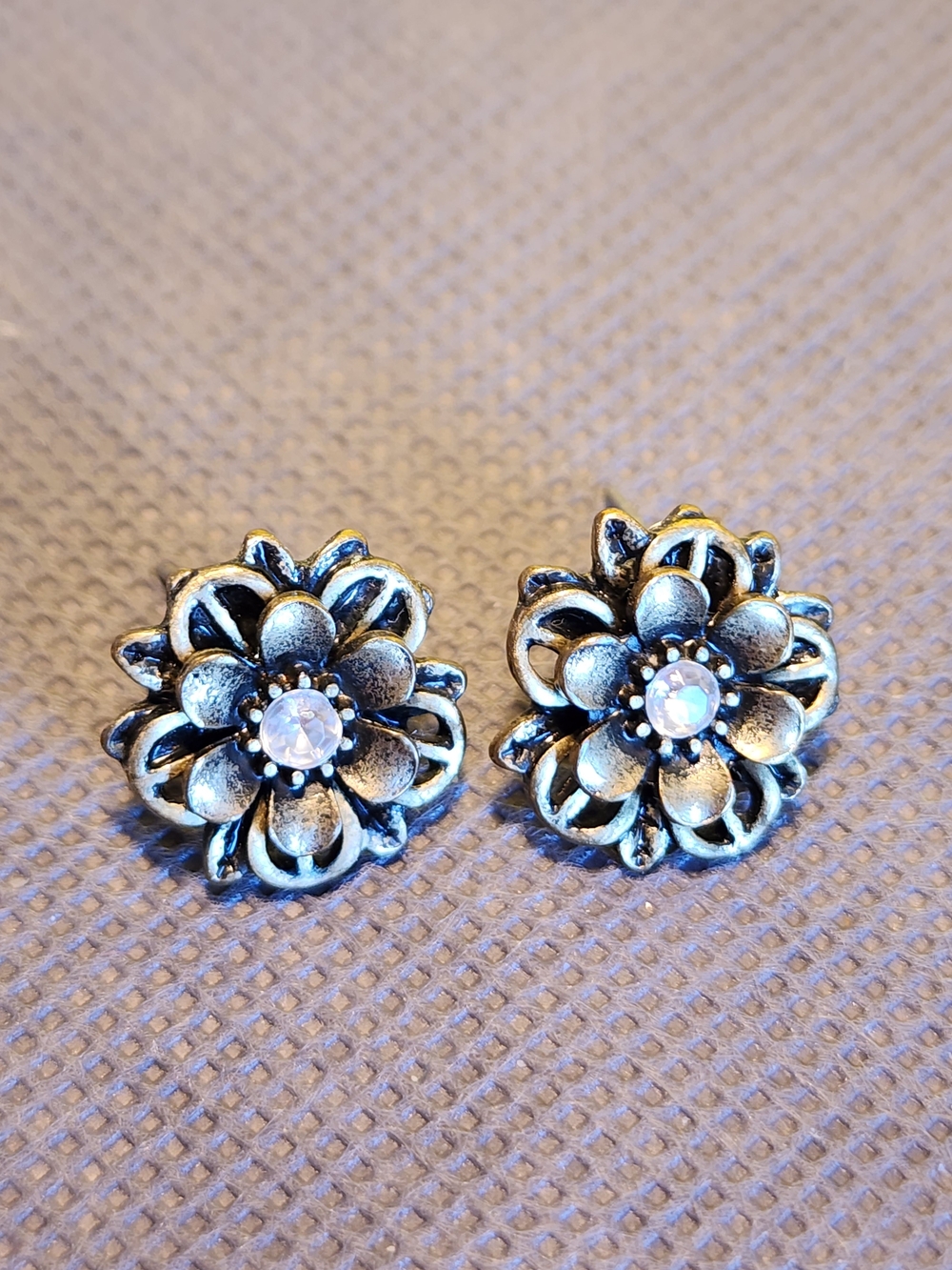 Silver Flower Stud Earrings with Clear Crystal Center - Women Jewelry
